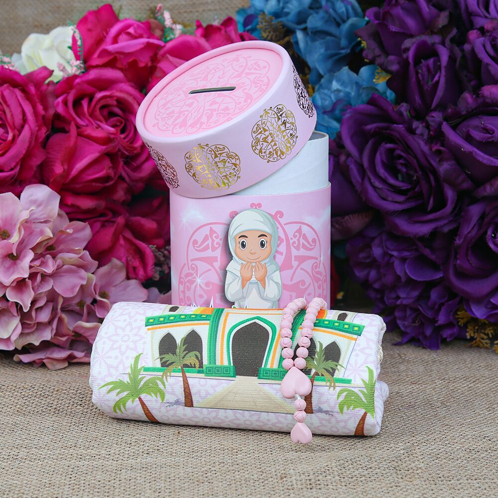 Children’s Prayer Rug Kaaba Pink & Fragrant Heart Embroidered Rosary Baby Pink & First Step To Prayer Piggy Bank Cylinder Box Si
