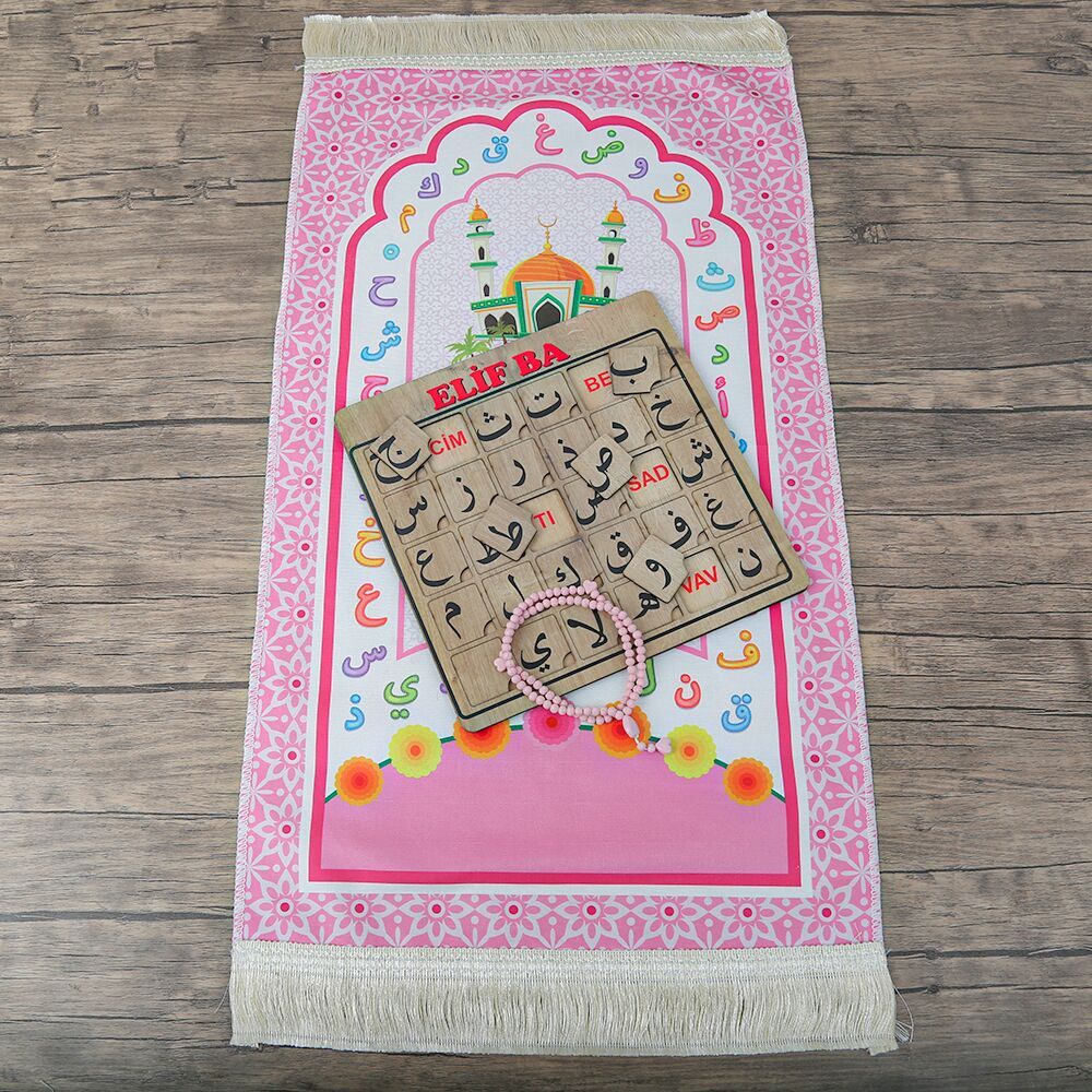 Çocuk Seccadesi Aksa Pembe & Kokulu Tesbih Kalp İşlemeli Bebek Pembesi & ElifBa Puzzle