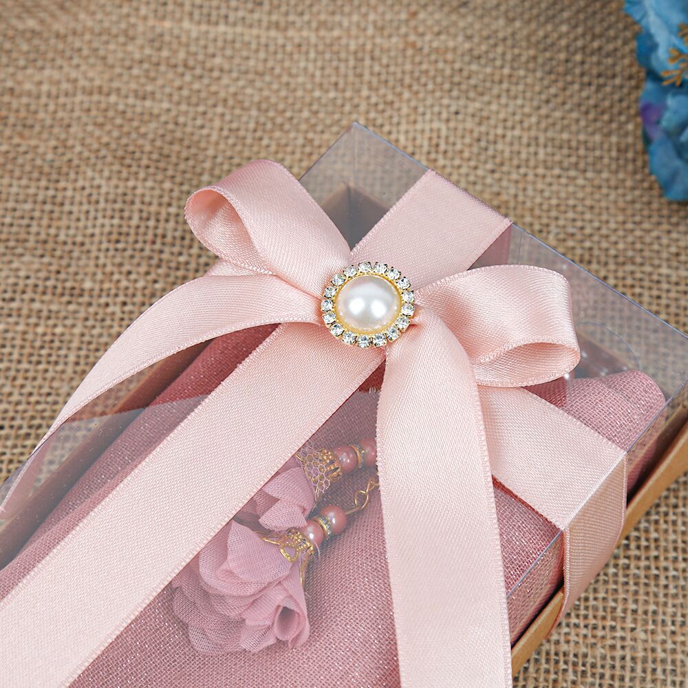 Hediyelik Pembe Şal & İnci Tesbih Güllü Pembe