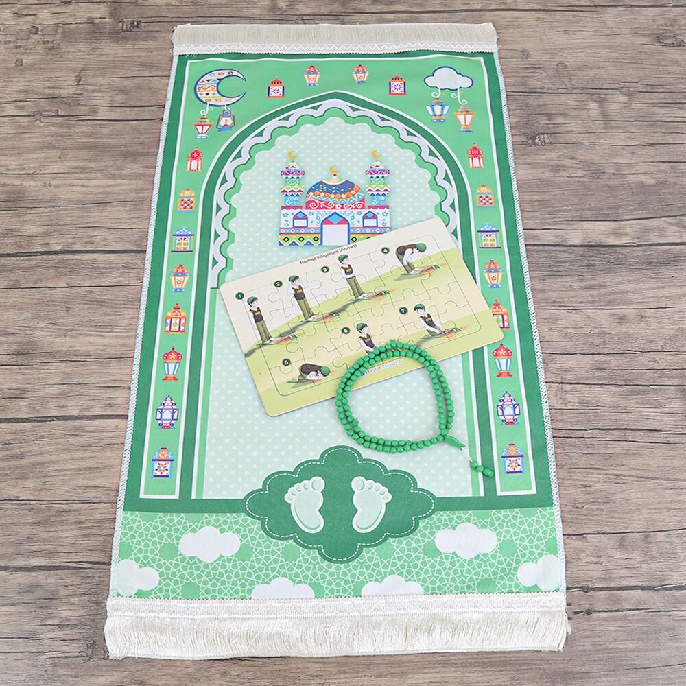 Çocuk Seccadesi 45*82 cm Sahra Yeşil & Kokulu Tesbih Yeşil & Ahmet Namaz Kılıyor Puzzle