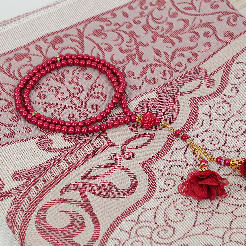 Hediyelik İpek Nur Tafta Seccade Bordo & Güllü İnci Tesbih 8 mm Bordo