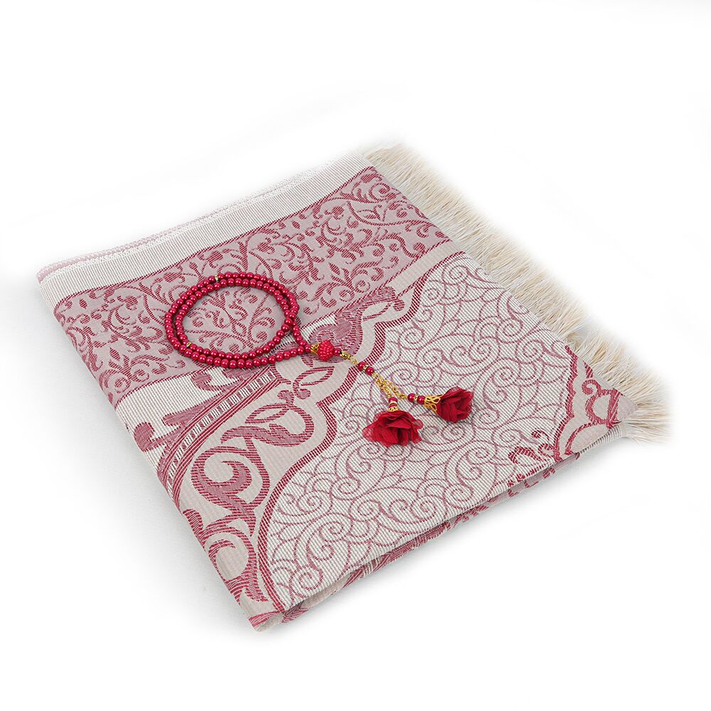 Hediyelik İpek Nur Tafta Seccade Bordo & Güllü İnci Tesbih 8 mm Bordo