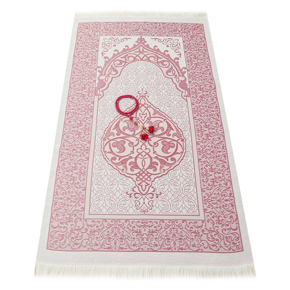 Hediyelik İpek Nur Tafta Seccade Bordo & Güllü İnci Tesbih 8 mm Bordo