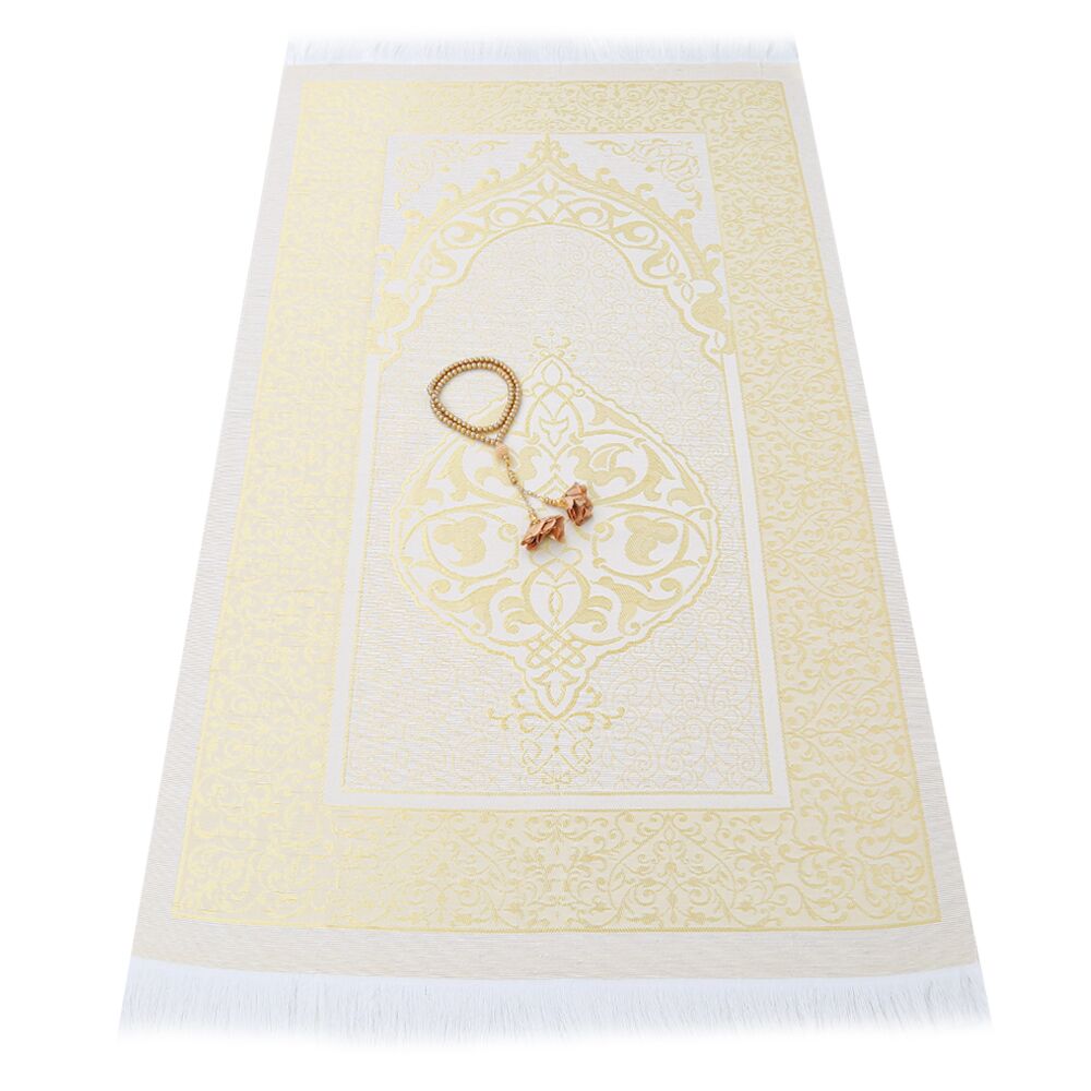 Hediyelik İpek Nur Tafta Seccade Gold & Güllü İnci Tesbih 8 mm Gold(18*25cm 250gr)