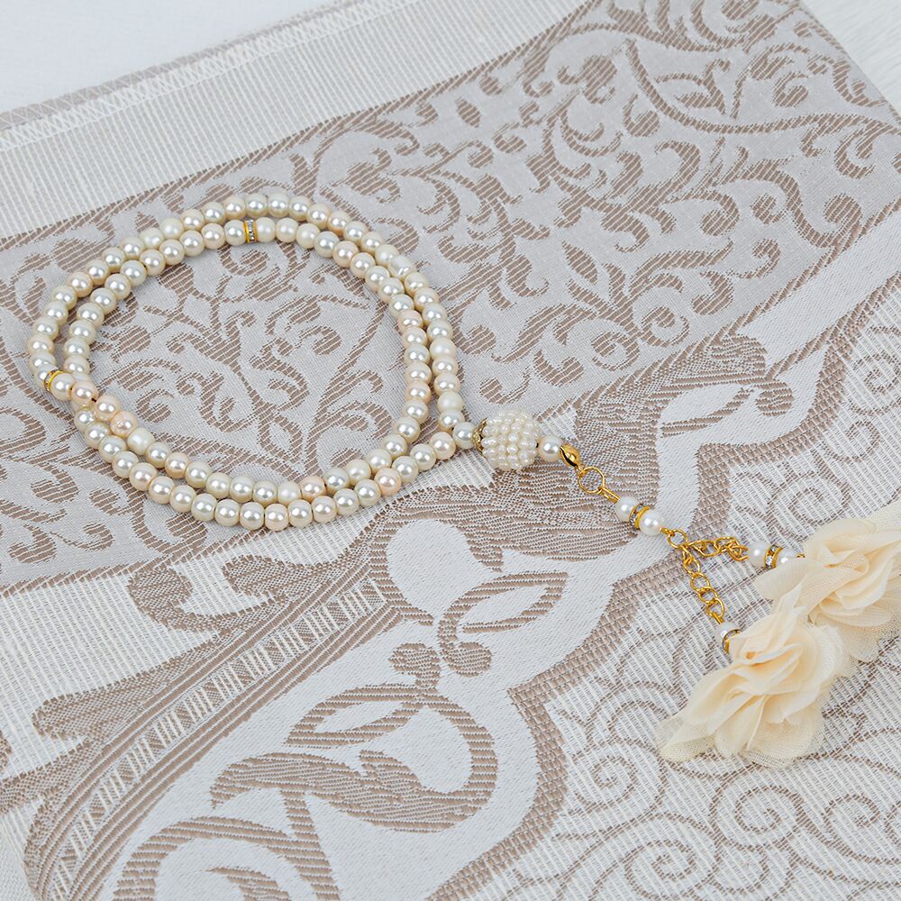 Hediyelik İpek Nur Tafta Seccade Vizon & Güllü İnci Tesbih 8 mm Vizon