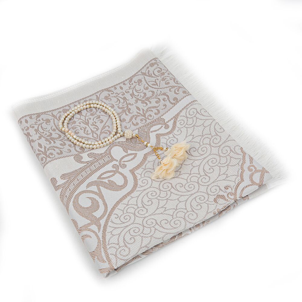 Hediyelik İpek Nur Tafta Seccade Vizon & Güllü İnci Tesbih 8 mm Vizon