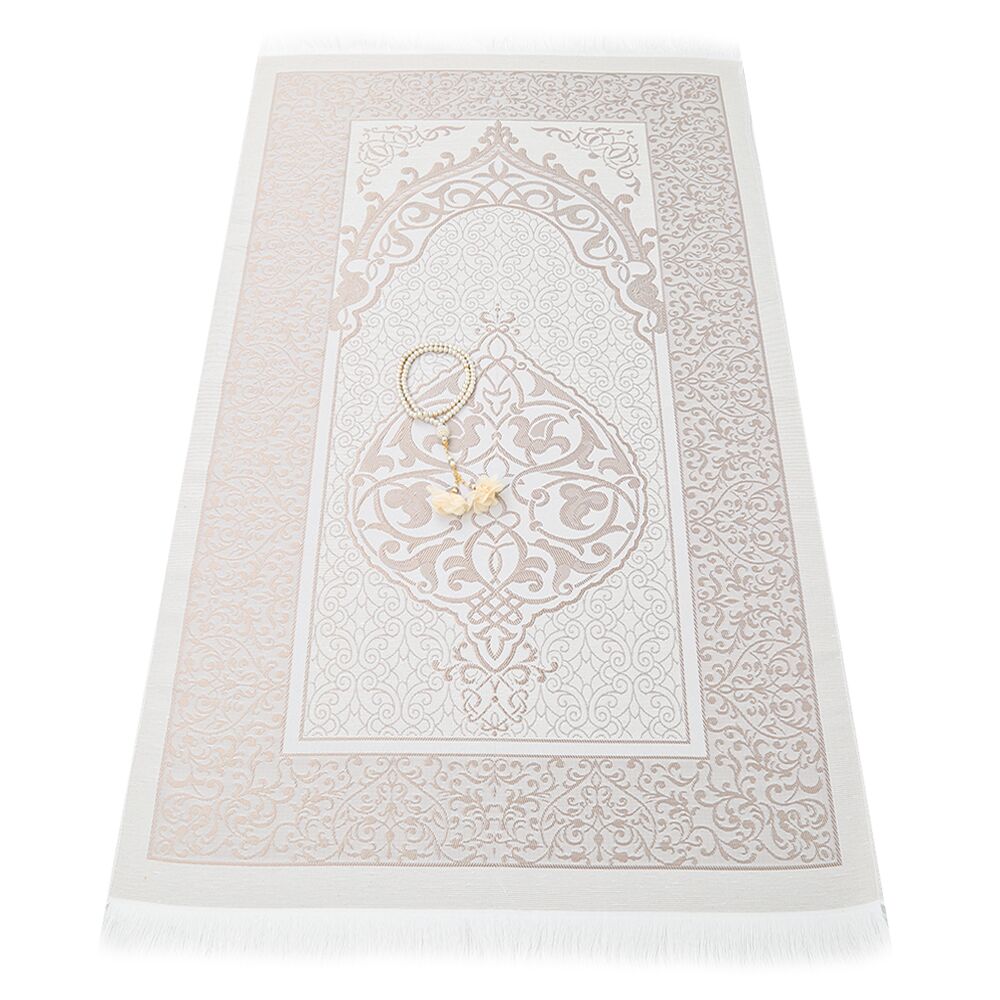 Hediyelik İpek Nur Tafta Seccade Vizon & Güllü İnci Tesbih 8 mm Vizon