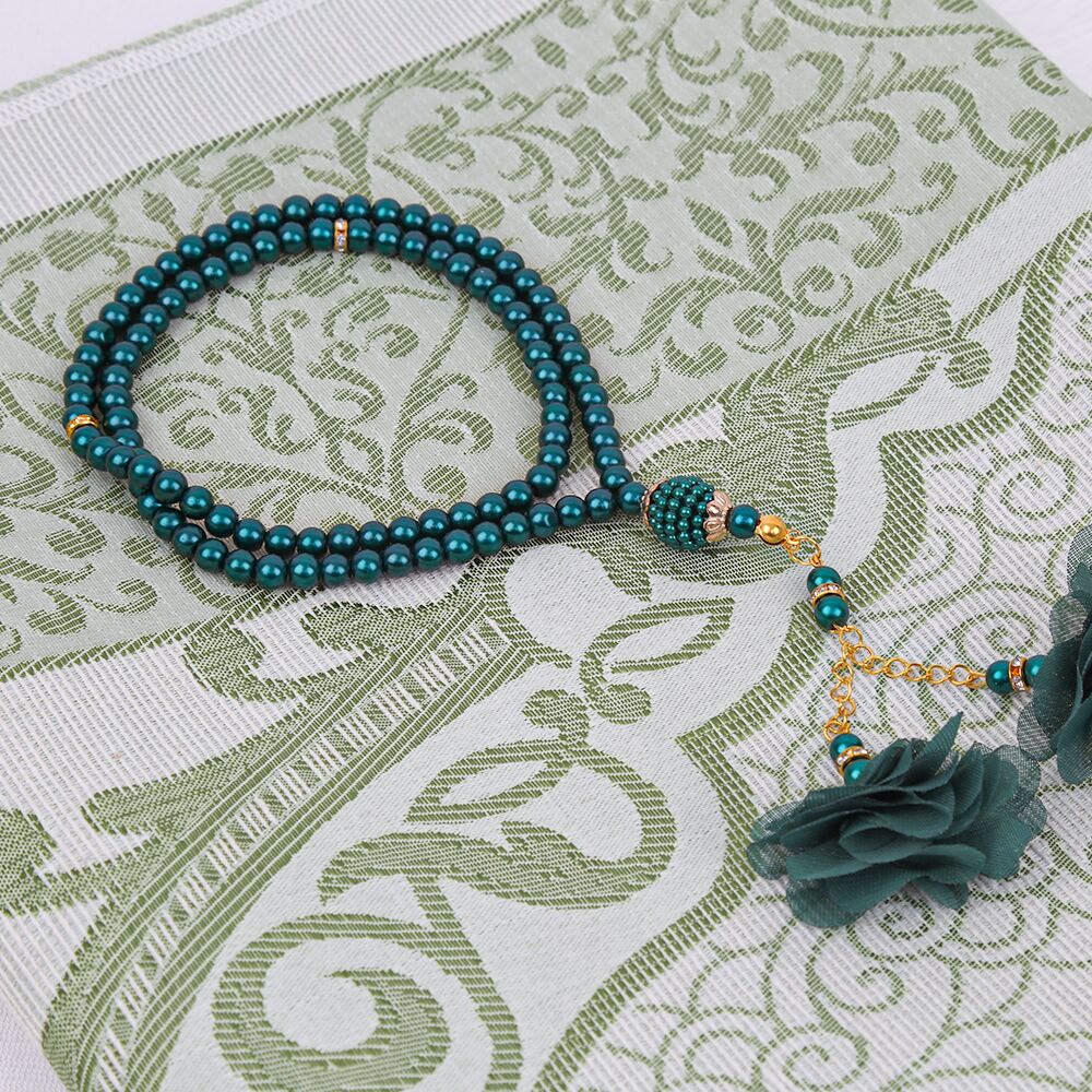 Hediyelik İpek Nur Tafta Seccade Yeşil & Güllü İnci Tesbih 8 mm Yeşil