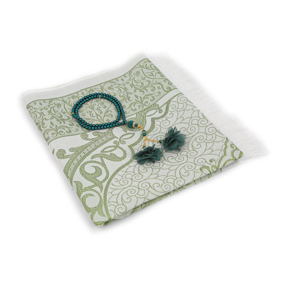 Hediyelik İpek Nur Tafta Seccade Yeşil & Güllü İnci Tesbih 8 mm Yeşil