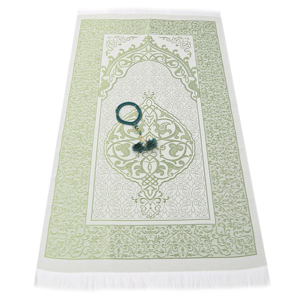 Hediyelik İpek Nur Tafta Seccade Yeşil & Güllü İnci Tesbih 8 mm Yeşil