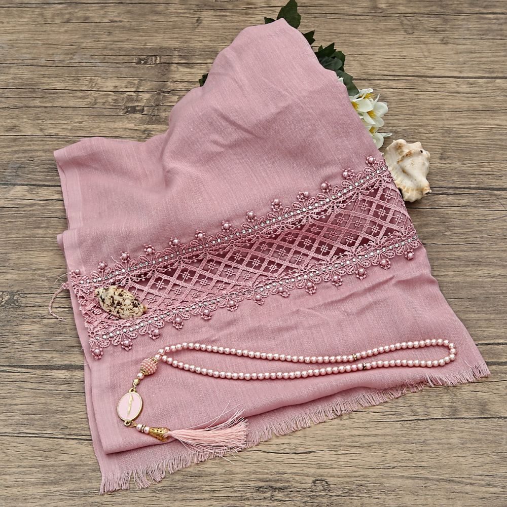 Hediyelik Şal Pembe, İnci Tesbih, Kraft Asetat Kutulu (20×10) Set
