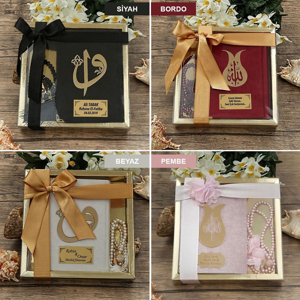 Hediyelik Kadife Kur’an-ı Kerim, İnci Tesbih, Gold Asetat Kutulu (20×20) Dini Set