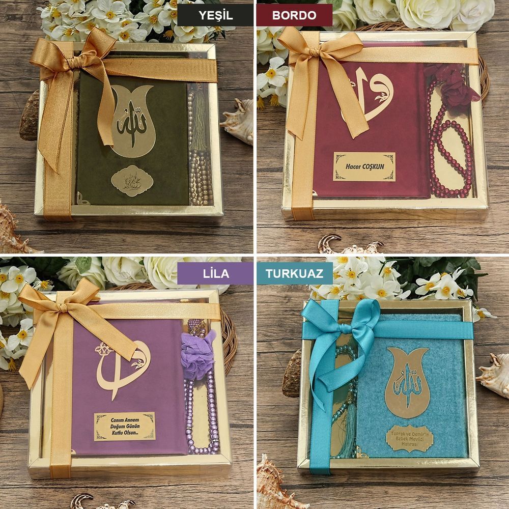 Hediyelik Kadife Kur’an-ı Kerim, İnci Tesbih, Gold Asetat Kutulu (20×20) Dini Set