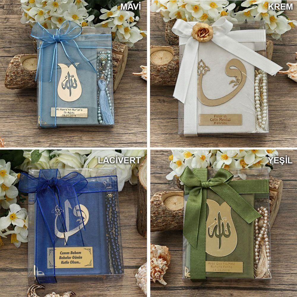 Hediyelik Kadife Kur’an-ı Kerim, İnci Tesbih, Asetat Kutulu (17×15) Set ( Renk Seçenekli )