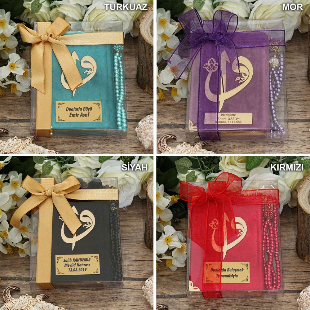 Hediyelik Kadife Kur’an-ı Kerim, İnci Tesbih, Asetat Kutulu (17×15) Set ( Renk Seçenekli )