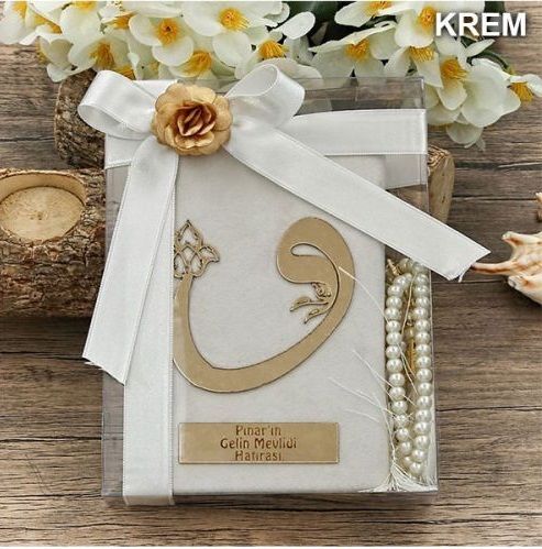 Hediyelik Kadife Kur’an-ı Kerim, İnci Tesbih, Asetat Kutulu (17×15) Set ( Renk Seçenekli )-M694-krem