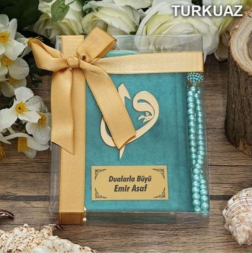 Hediyelik Kadife Kur’an-ı Kerim, İnci Tesbih, Asetat Kutulu (17×15) Set ( Renk Seçenekli )-M694-turkuaz