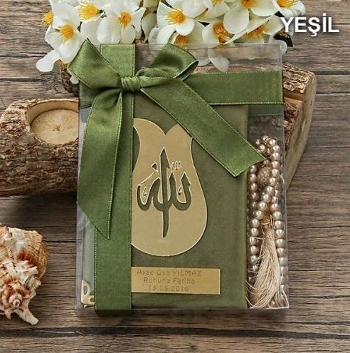 Hediyelik Kadife Kur’an-ı Kerim, İnci Tesbih, Asetat Kutulu (17×15) Set ( Renk Seçenekli )-M694-yeşi̇l