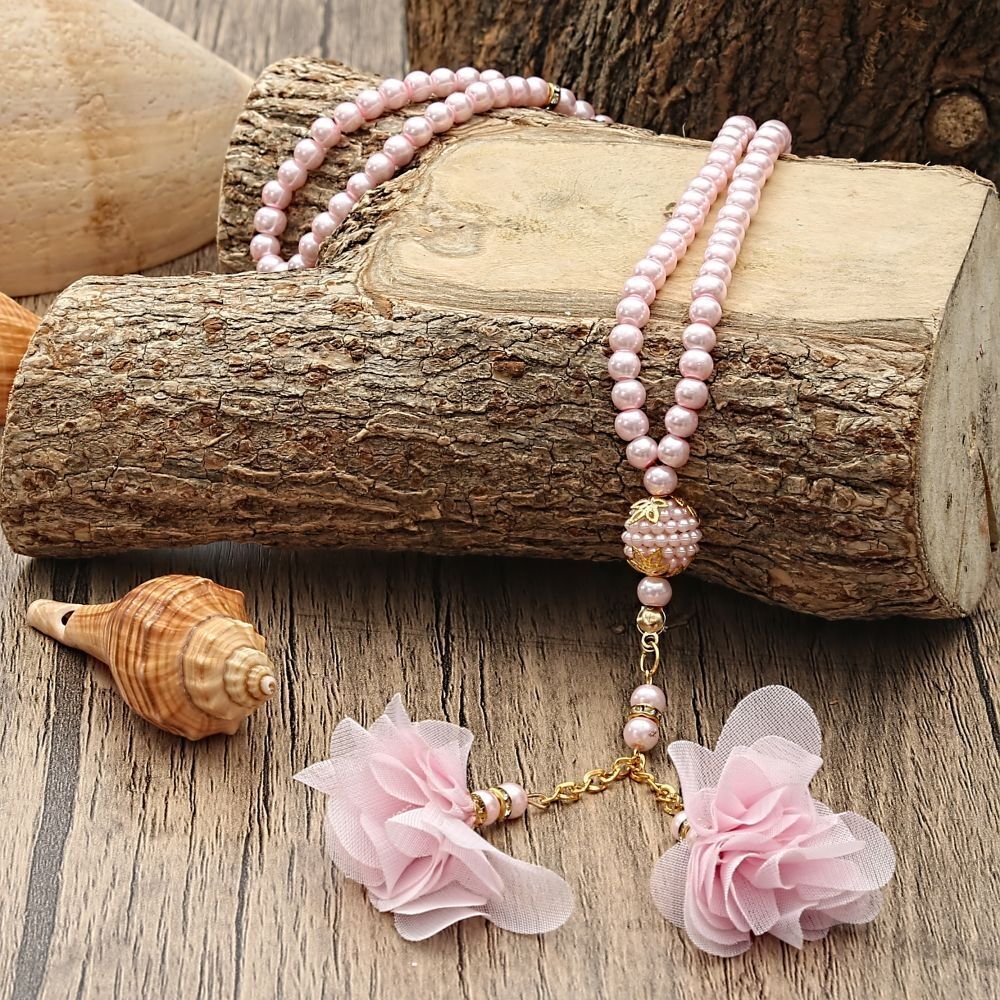 Hediyelik İnce Pamuk Seccade, İnci Tesbih, Asetat Kutulu (26×23) Set Pembe