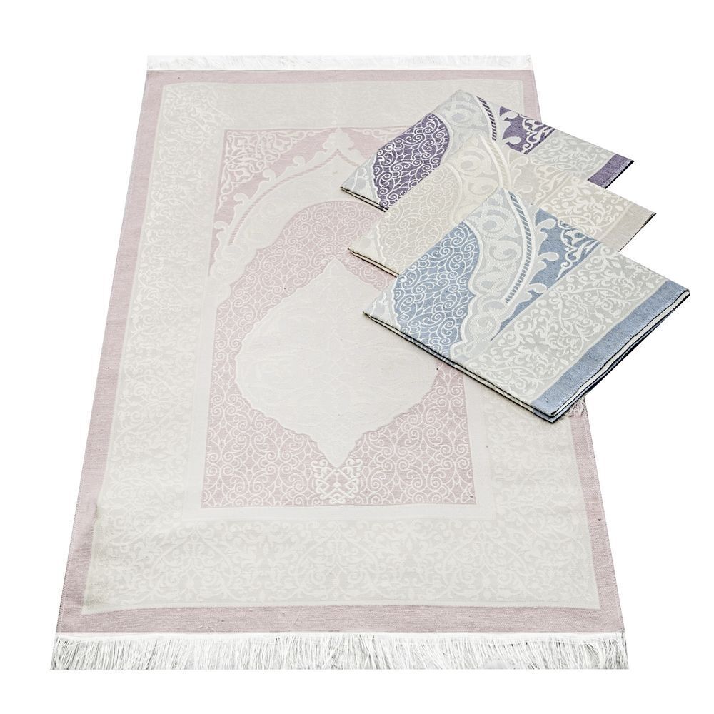 Hediyelik İpek Seccade, İnci Tesbih Güllü, Şal, Asetat Kutulu (26×23) Set Pembe