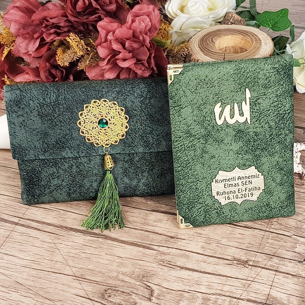 Hediyelik Kadife Yasin Kitabı Çantalı (İsme Özel), Kristal Tesbih, Lokumlu Dini Set-Yeşil