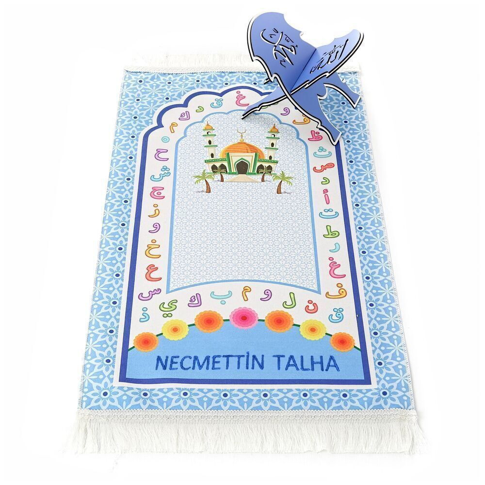 İsme Özel Çocuğumun Namaz Seccadesi, Namaz Hayattır, Hediyelik Silindir Kutu Seccade Tesbih-Mavi