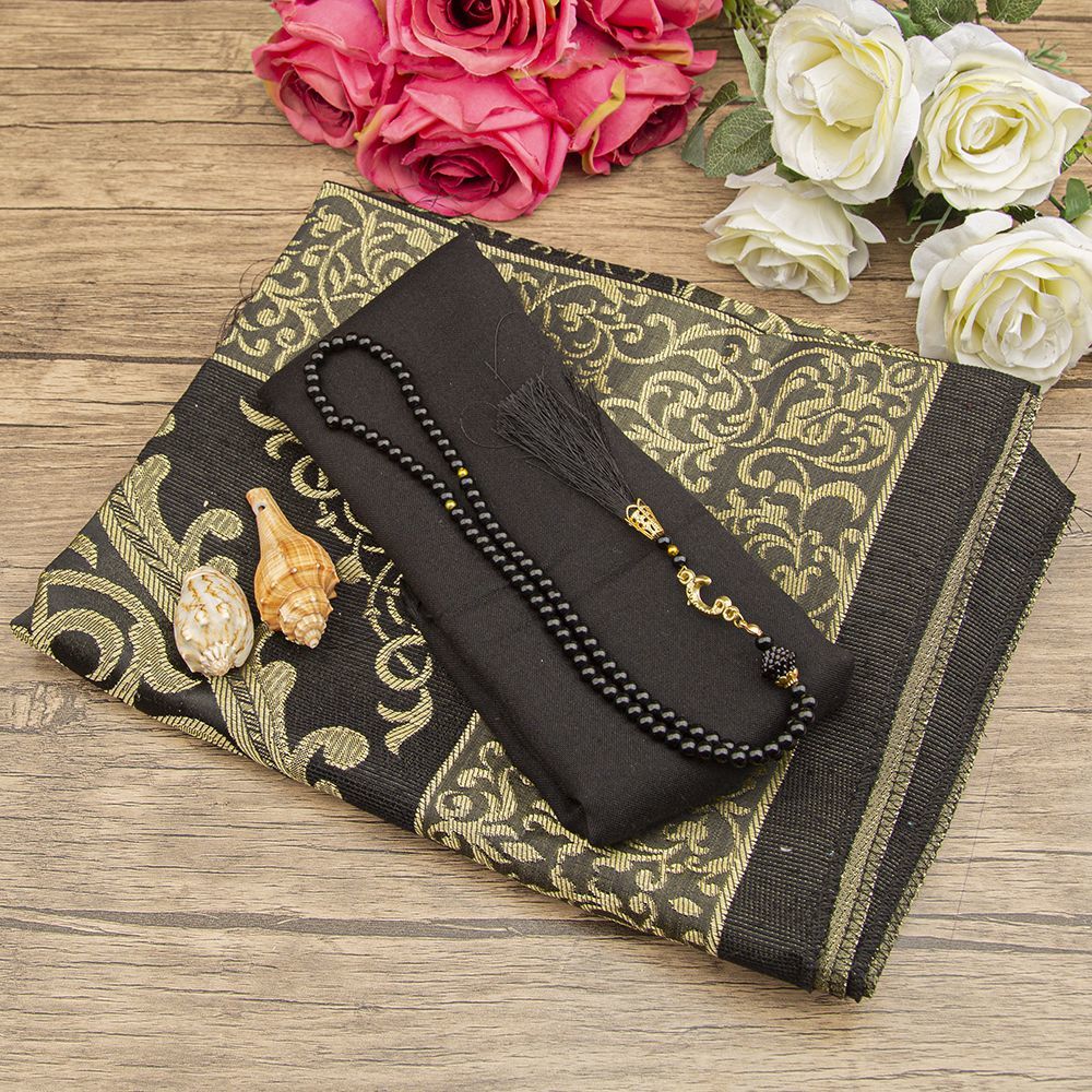 Hediyelik Siyah Şal Seccade İnci Tesbih 99 lük 400 gr 30*10*6 cm