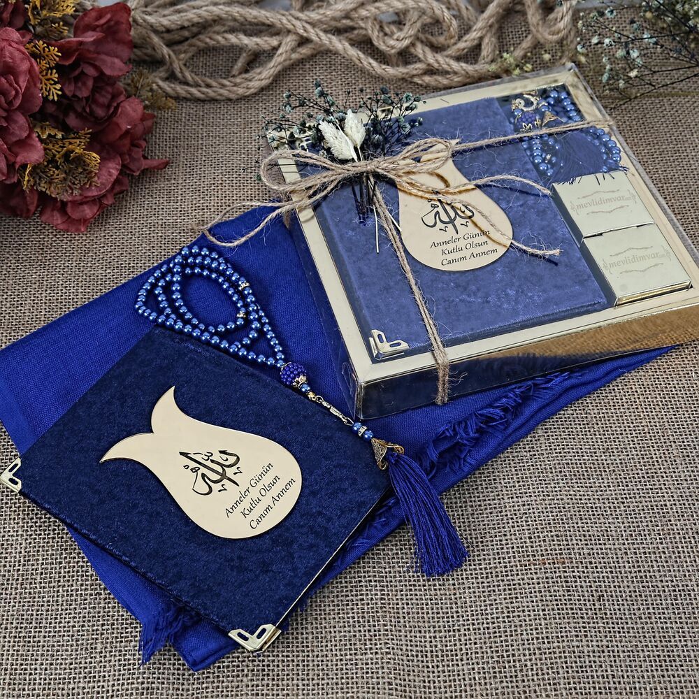 Hediyelik Şal, Yasin Kitabı, İnci Tesbihli Set-Lacivert