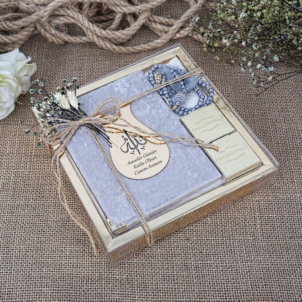 Hediyelik Şal, Yasin Kitabı,  İnci Tesbihli Set-Gri