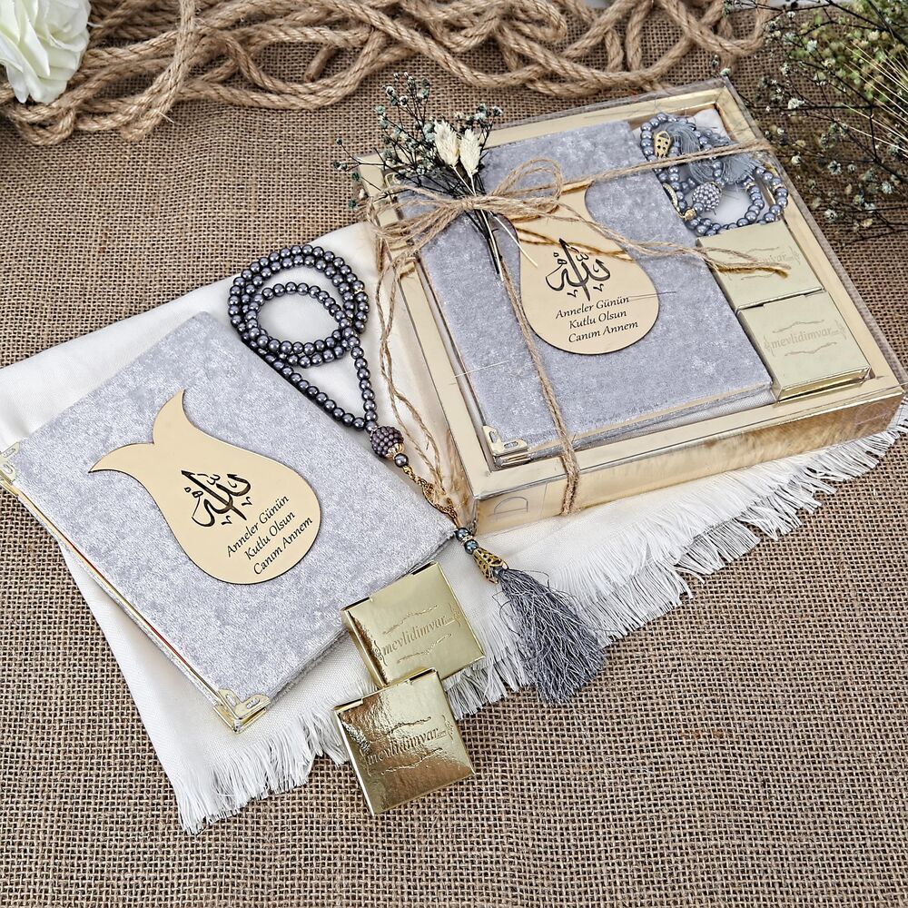Hediyelik Şal, Yasin Kitabı,  İnci Tesbihli Set-Gri
