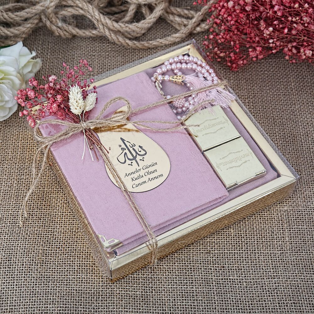 Hediyelik Şal, Yasin Kitabı, İnci Tesbihli Set-Pembe