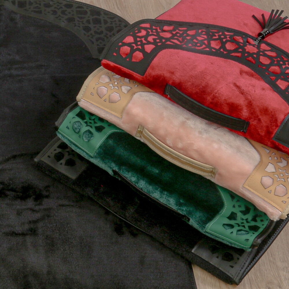 Lüks Çantalı Kaymaz Deri Tabanlı Soft Yumuşak Peluş Seccade Siyah (Seccade 72*228 cm, Çanta 39*44 cm)