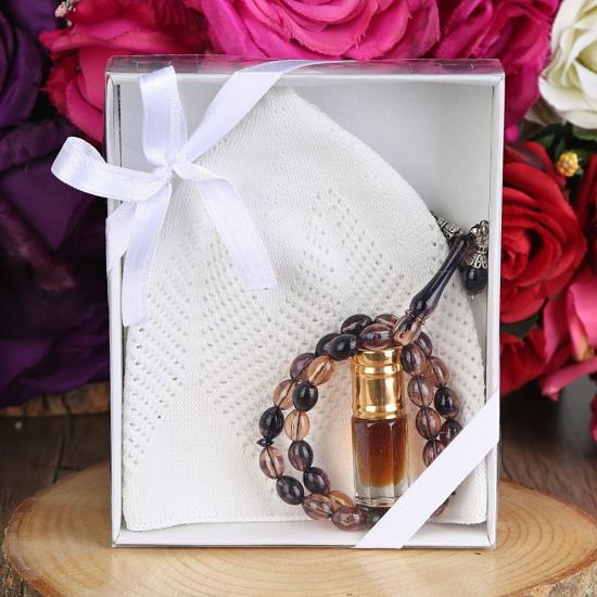 Hediyelik Takke, 33 lü Tesbih, Alkolsüz Esans 3 ml Asetat kutulu 12*15 cm 261 gram-Beyaz