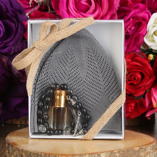 Hediyelik Takke, 33 lü Tesbih, Alkolsüz Esans 3 ml Asetat kutulu 12*15 cm 261 gram-Gri