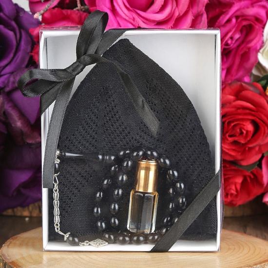 Hediyelik Takke, 33 lü Tesbih, Alkolsüz Esans 3 ml Asetat kutulu 12*15 cm 261 gram-Siyah