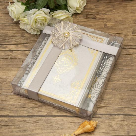Hediyelik Kuran-ı Kerim, İnci Tesbih, Seccade, Asetat Kutulu(25X18 cm) Mevlid Paketi-Gri