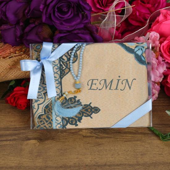 İsme Özel Hediyelik Tafta Seccade Mavi & İnci Tesbih