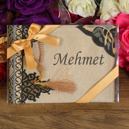 İsme Özel Hediyelik Tafta Seccade Siyah-Gold & İnci Tesbih