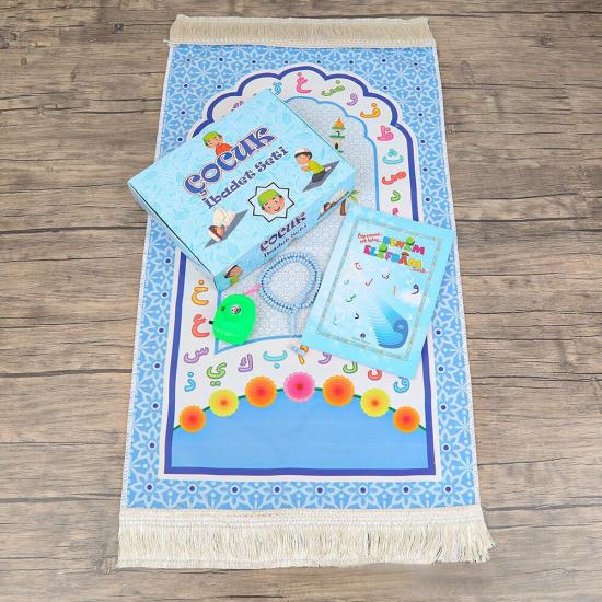 Çocuk Seccadesi ve Eğitici Kitabı Namaz Seti  - Mavi 45x82 cm - 110 gr - Tesbih