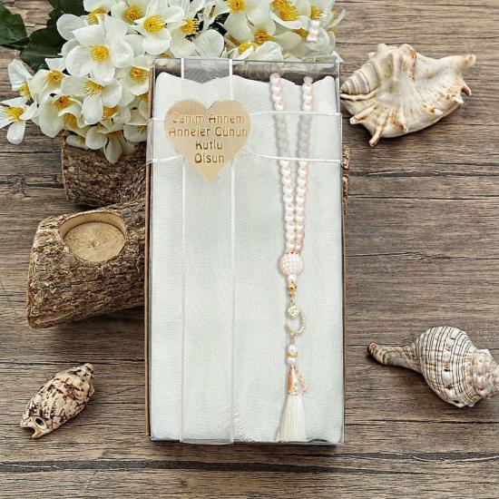 Hediyelik Şal, İnci Tesbih, Kalp Pleksi, Kraft Asetat Kutulu (20×10) Set