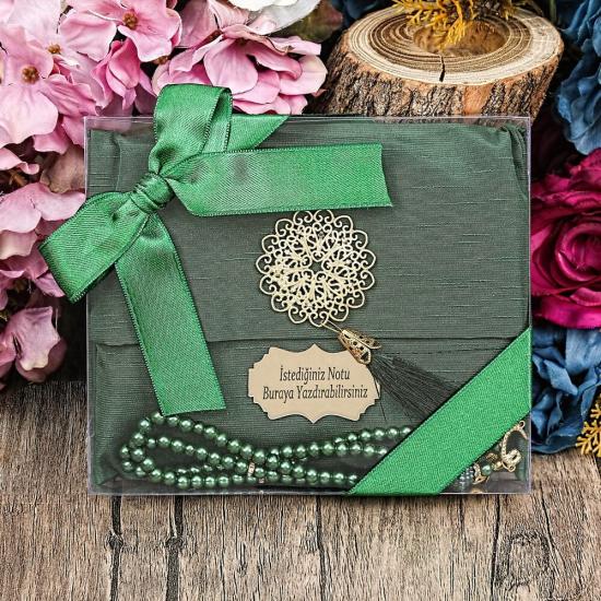 Hediyelik Şantuk Kese Yasin ve Tesbih Süslemeli Asetat Kutulu (17×15) Set Yeşil