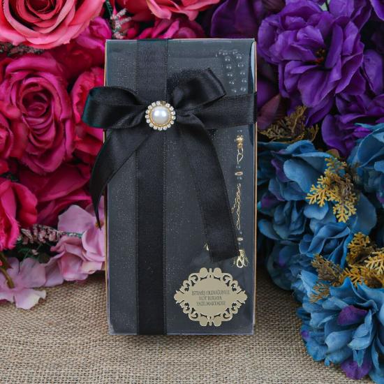 Hediyelik Pamuklu Şal & İnci Tesbih Güllü Siyah