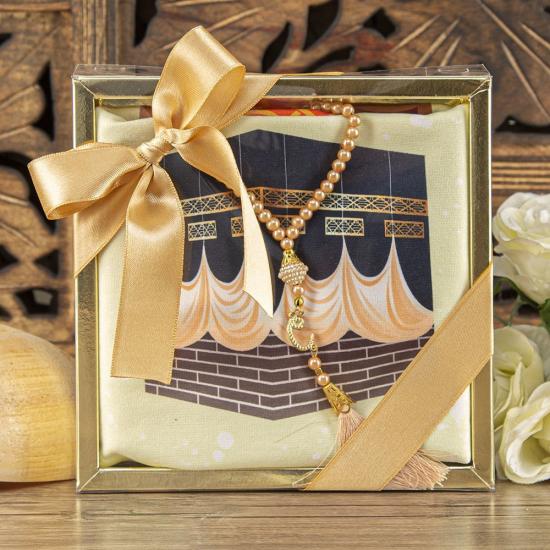 Çocuk Seccadesi, İnci Tesbihli Asetat Kutulu Set-Turuncu 42*85 cm