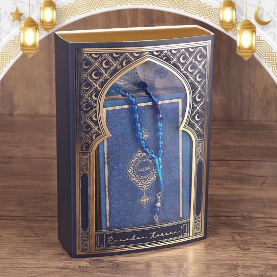 Ramazan Hediye Paketi  Çanta Boy Kur’an-ı Kerim, Tafta Seccade,33 lü Erkek Tesbih (17*25*6 cm 720 gr)-Lacivert