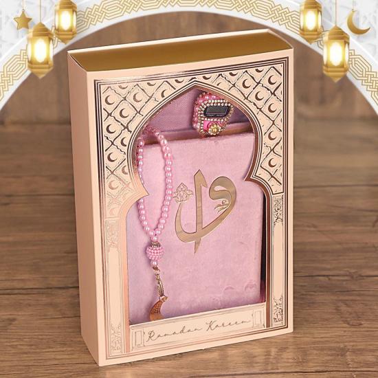 Ramazan Hediye Paketi, Kadife Kaplı Kur’an-ı Kerim, Pamuklu Şal,  İnci Tesbih, Lüks Taşlı  Zikirmatik (17*25*6 cm 620 gr)-Pembe