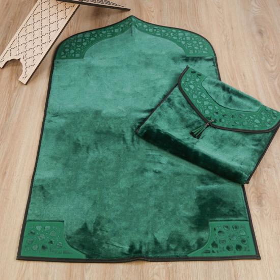 Lüks Çantalı Kaymaz Deri Tabanlı Soft Yumuşak Peluş Seccade Yeşil (Seccade 72*228 cm, Çanta 39*44 cm)