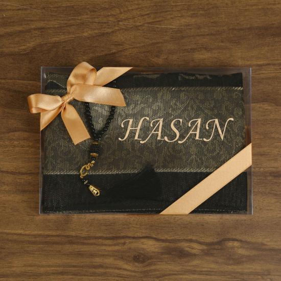 İsme Özel Hediyelik Tafta Seccade & İnci Tesbih - Siyah Gold