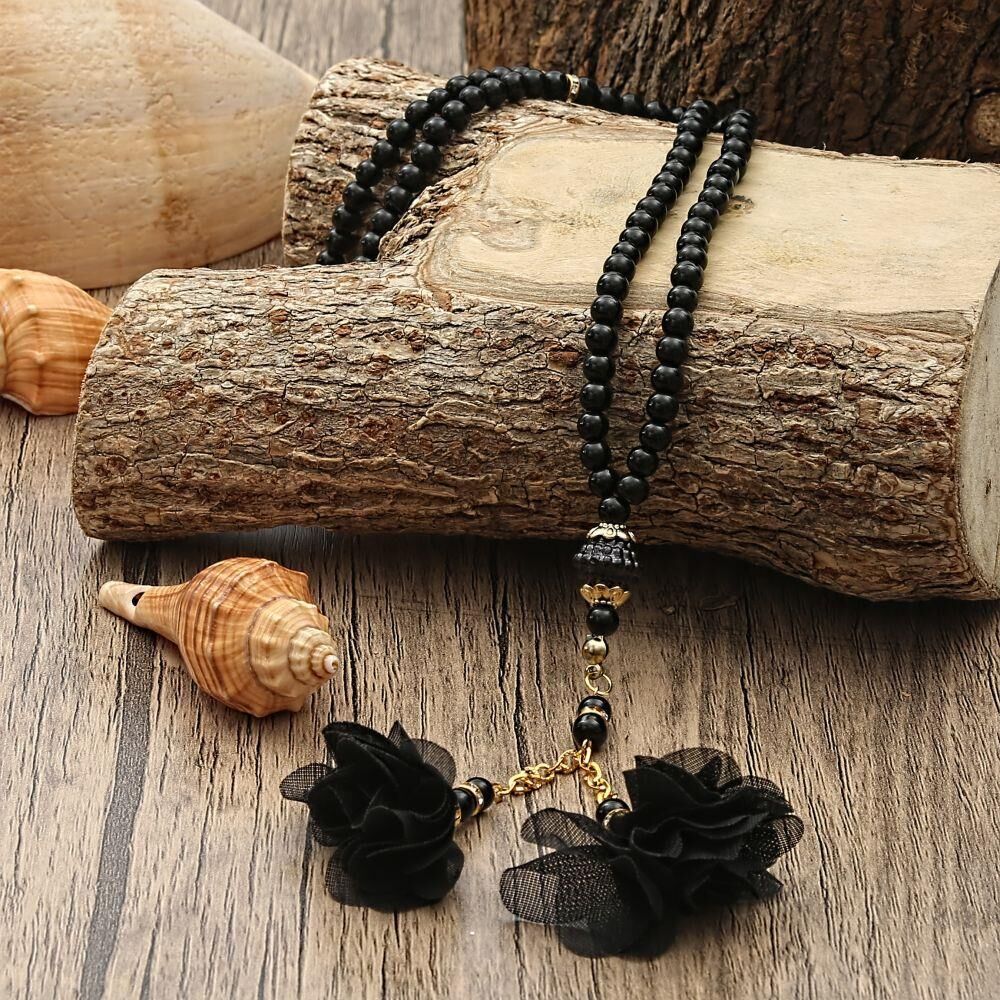 Hediyelik Siyah Şal, İnci Tesbih, Asetat Kutulu (16×8) Set